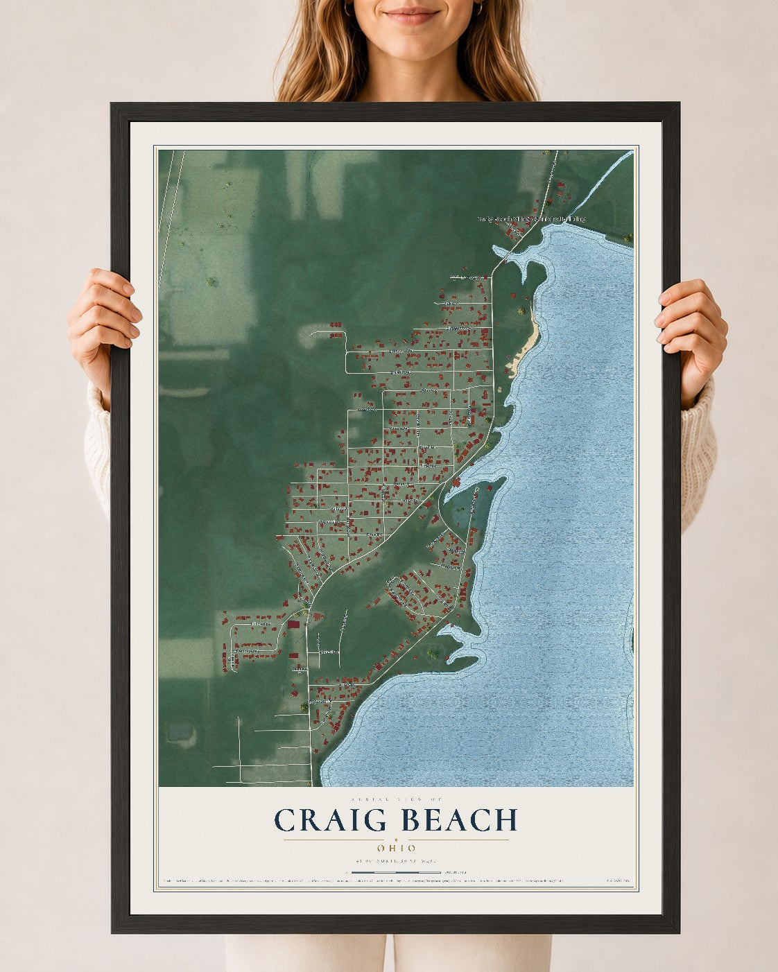Map of Craig Beach, Ohio, 24 x 36 inch print in a black wood frame
