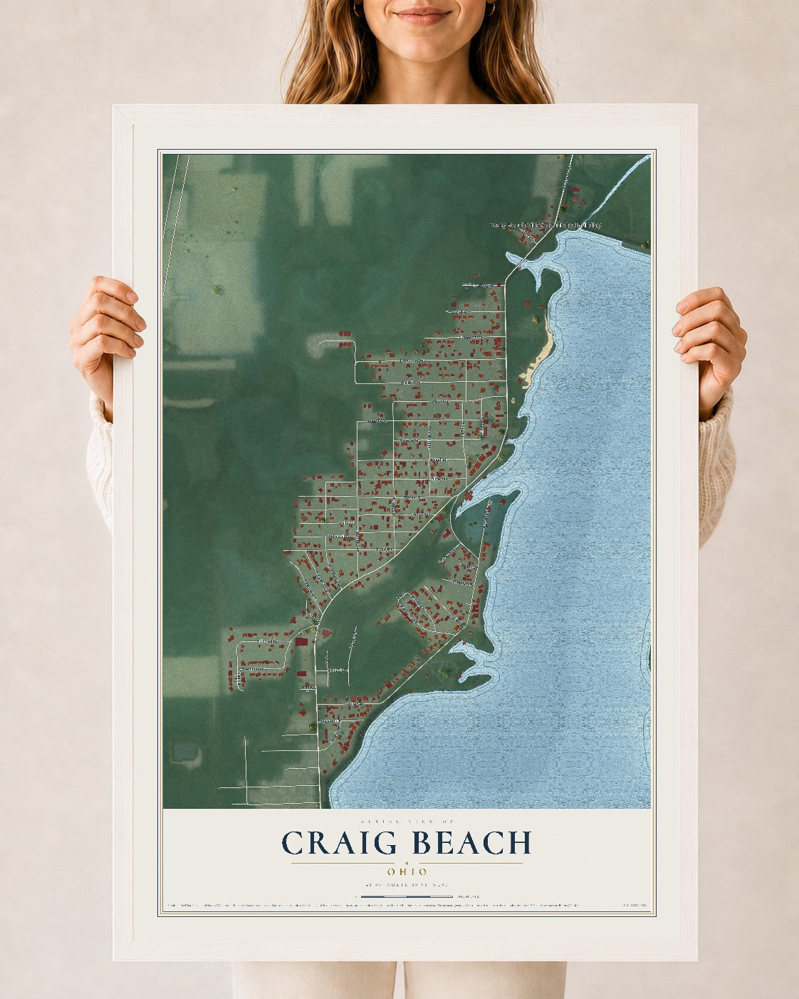 Map of Craig Beach, Ohio, 24 x 36 inch print in a white wood frame