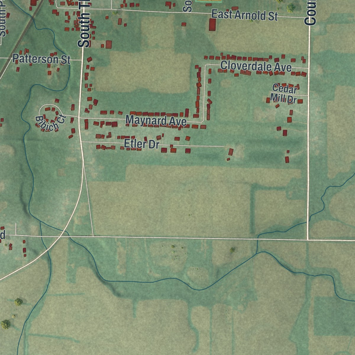 Second close-up of the map of Crestline, Ohio print showing more streets and buildings