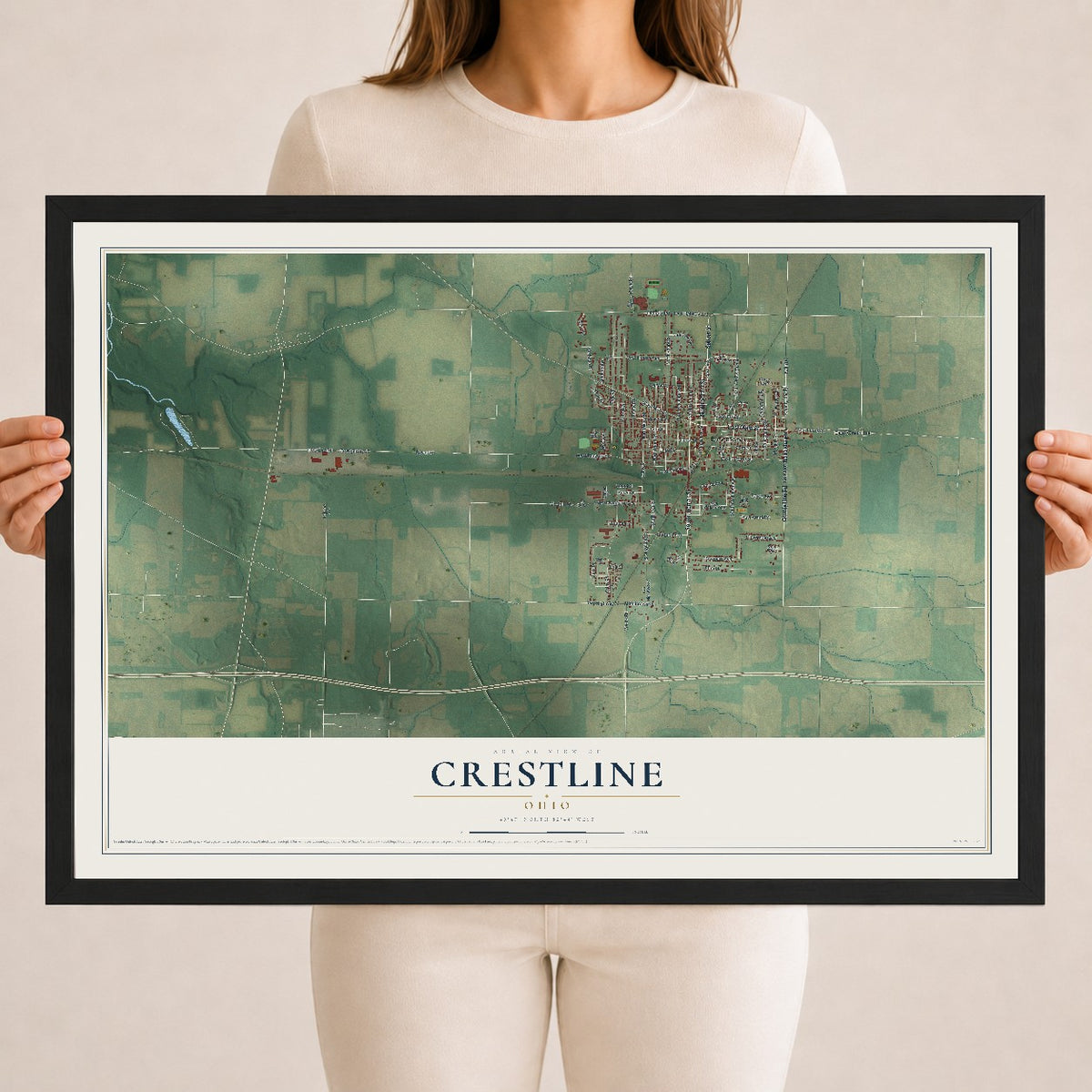 Map of Crestline, Ohio, 18 x 24 inch print in a black wood frame