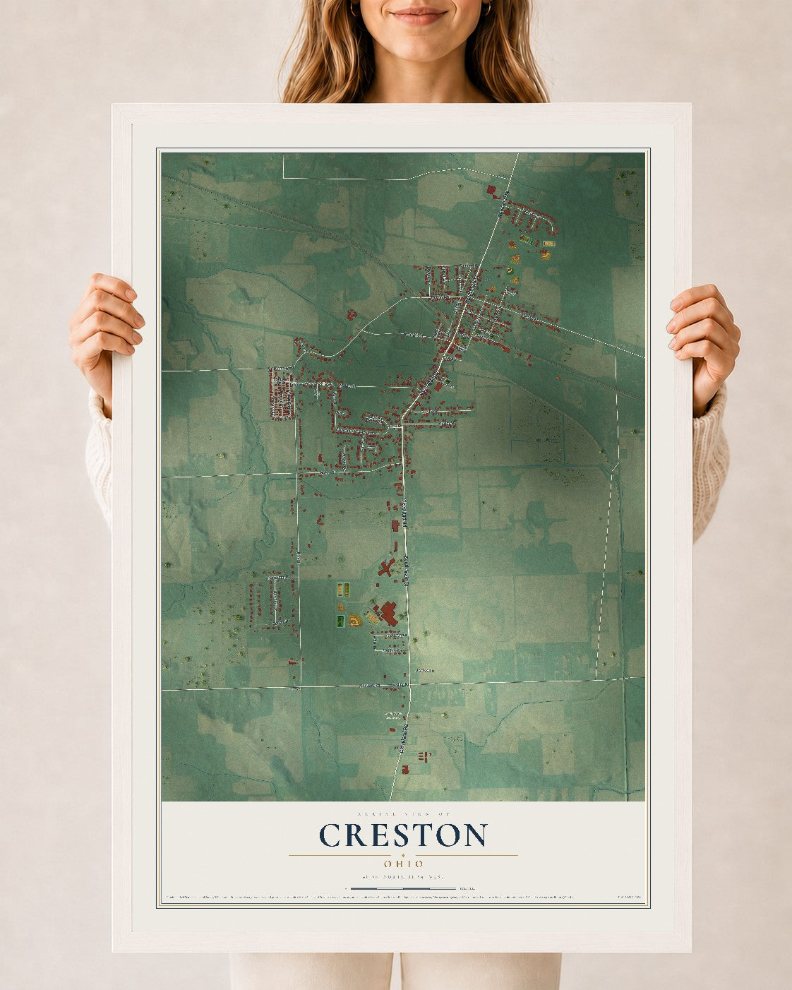 Map of Creston, Ohio, 24 x 36 inch print in a white wood frame