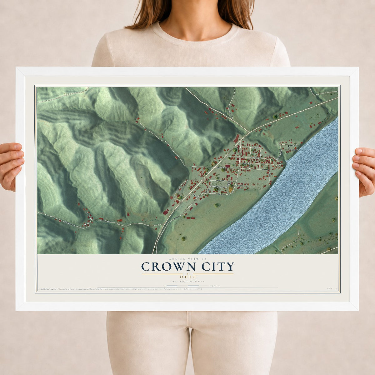 Map of Crown City, Ohio, 18 x 24 inch print in a white wood frame
