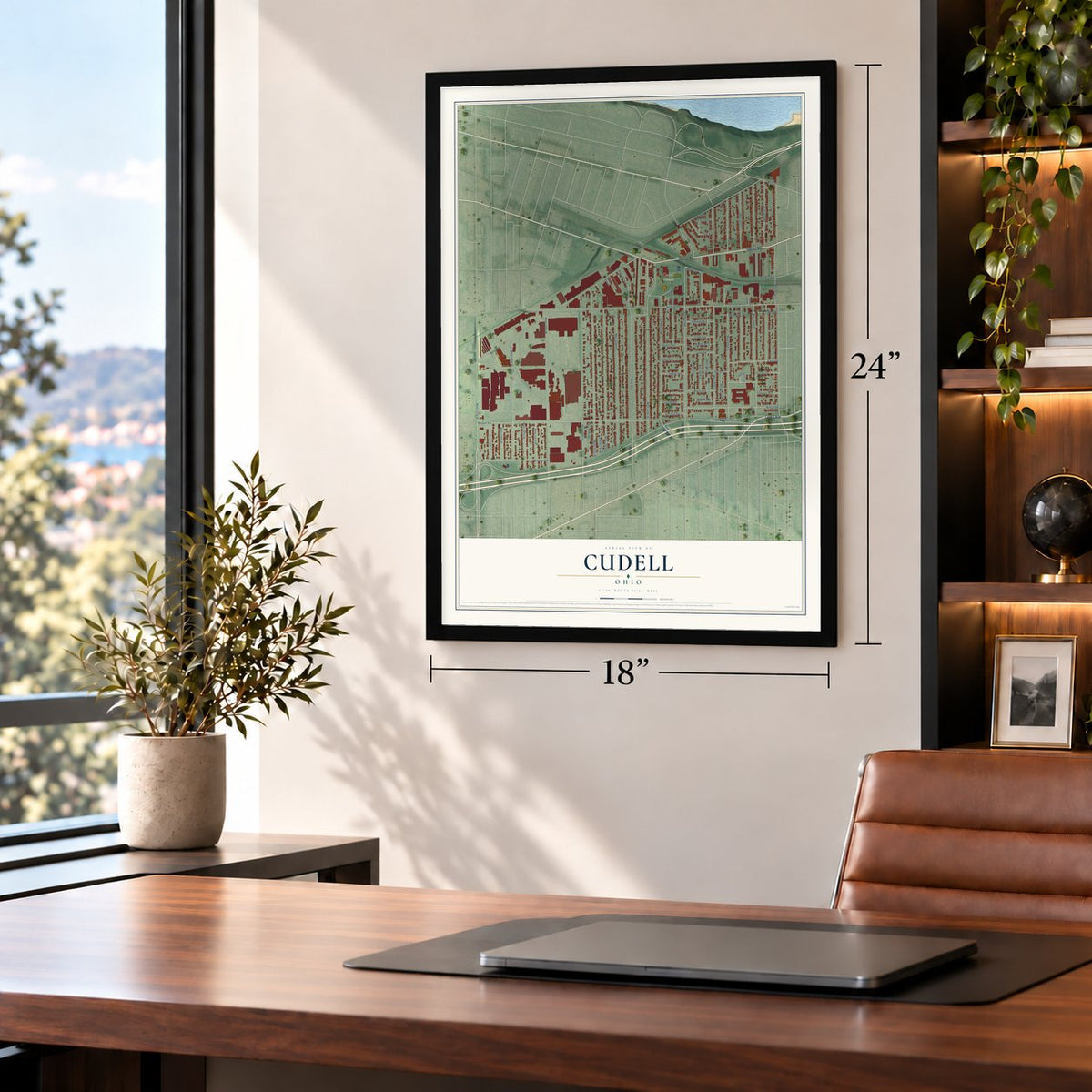 Cudell, Ohio map, 18 x 24 inch print in a black frame in a home office