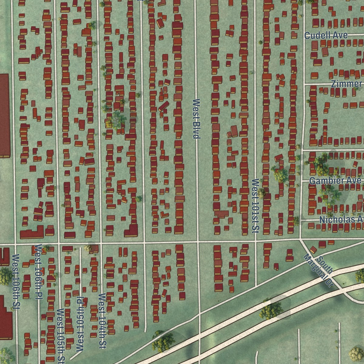 Close-up of the map of Cudell, Ohio print showing street and building detail