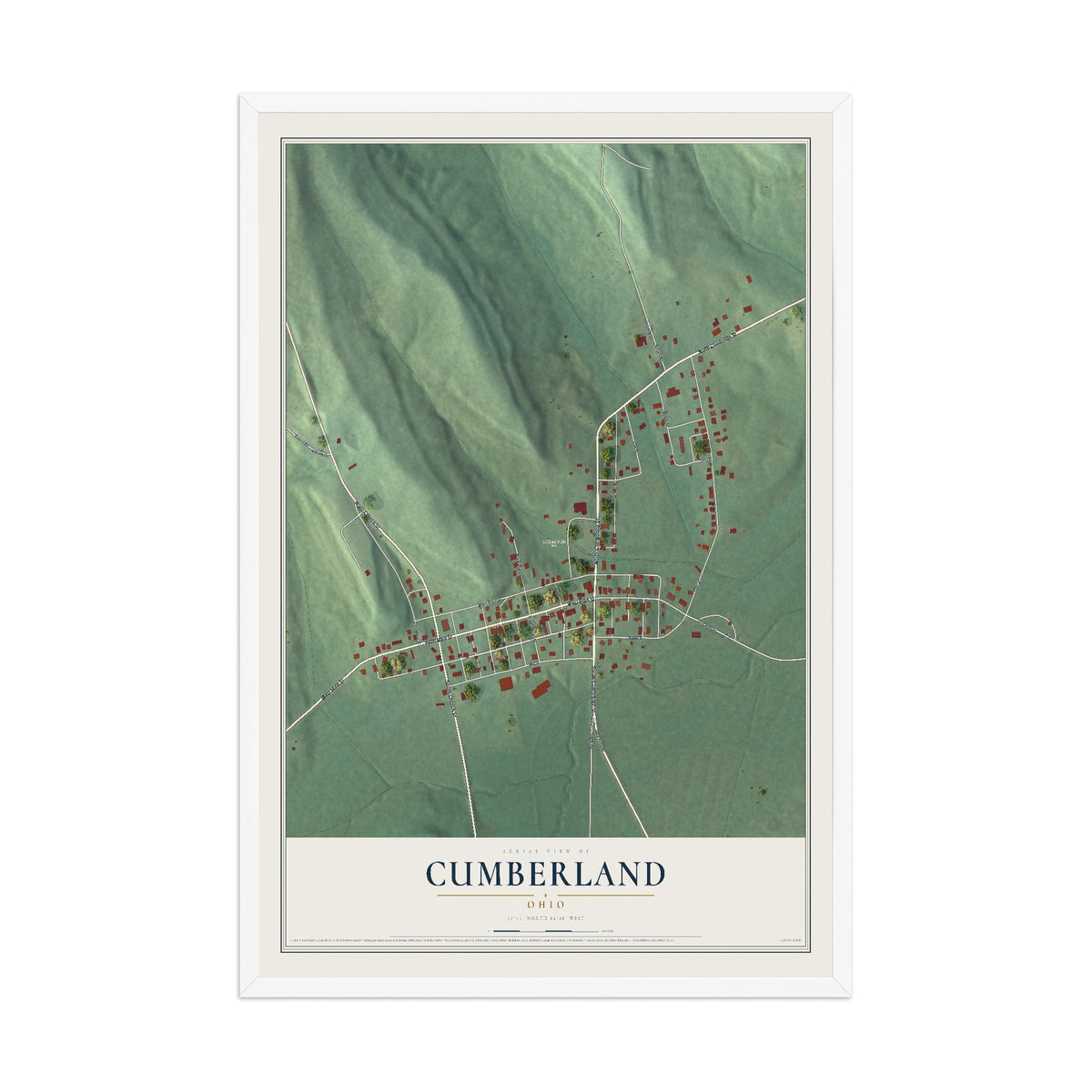 Map of Cumberland, Ohio, 12 x 18 inch print in a white wood frame