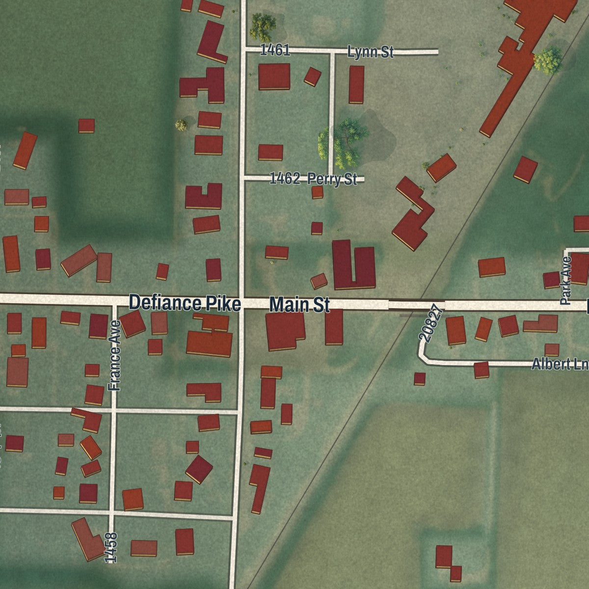 Close-up of the map of Custar, Ohio print showing street and building detail