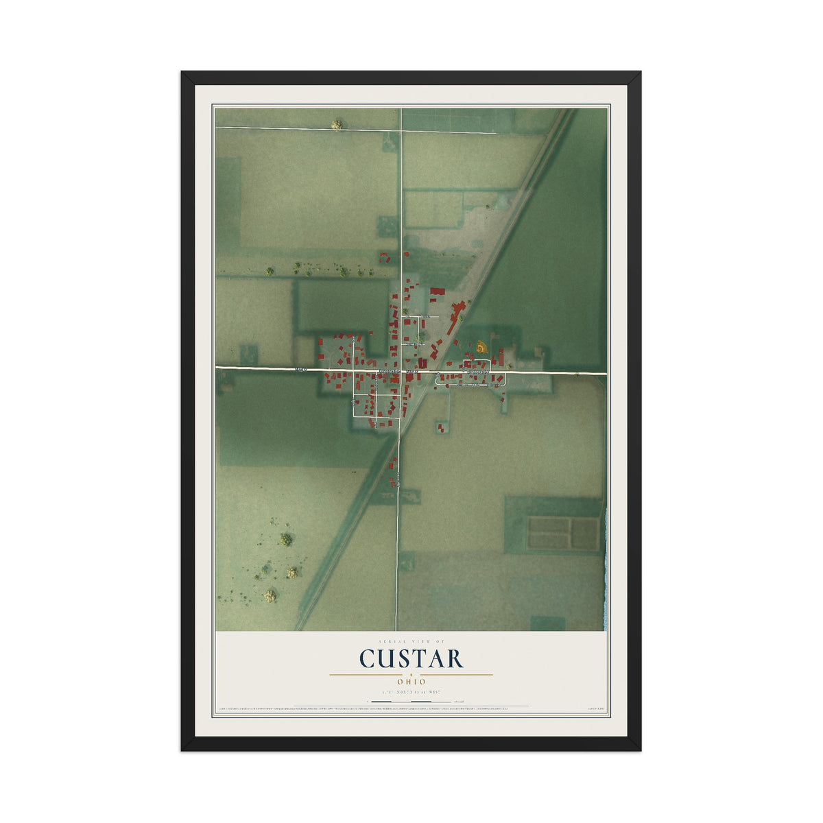 Map of Custar, Ohio, 12 x 18 inch print in a black wood frame