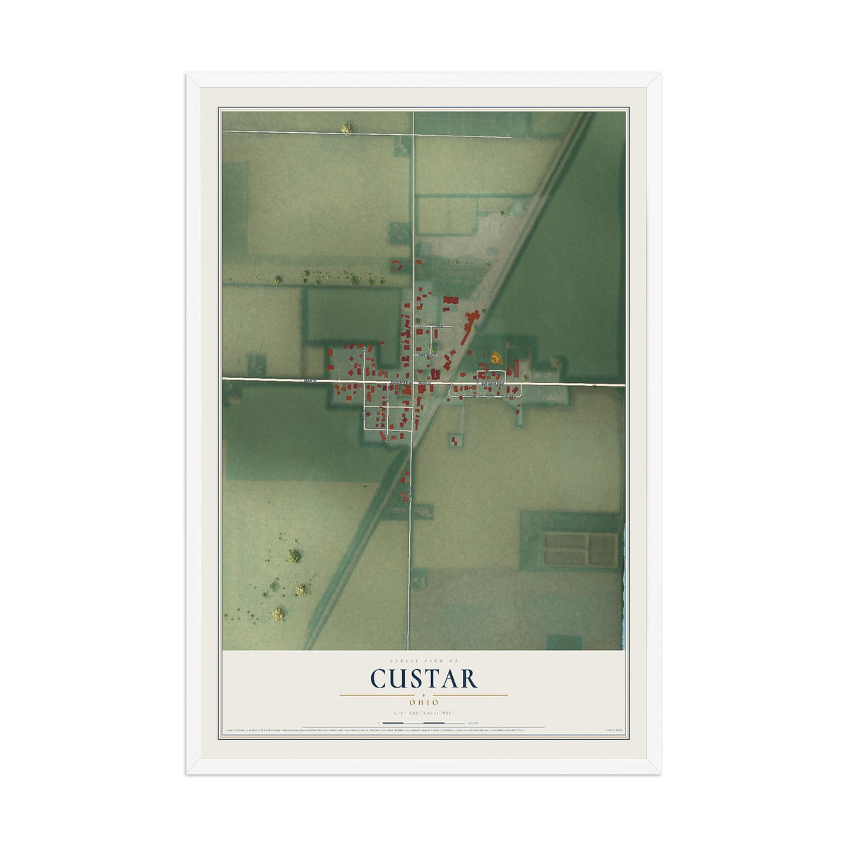 Map of Custar, Ohio, 12 x 18 inch print in a white wood frame