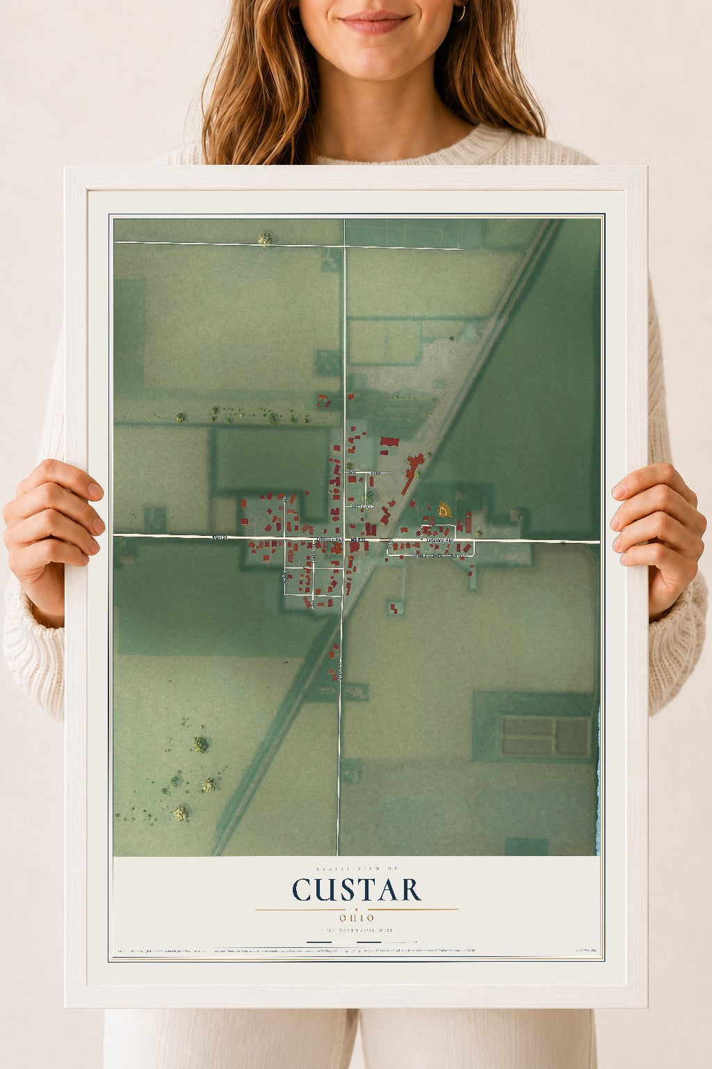 Map of Custar, Ohio, 18 x 24 inch print in a white wood frame
