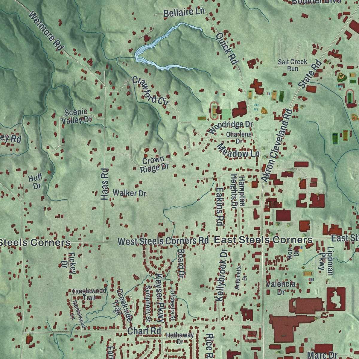 Second close-up of the map of Cuyahoga Falls, Ohio print showing more streets and buildings