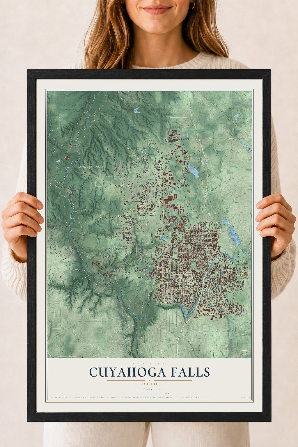 Map of Cuyahoga Falls, Ohio, 18 x 24 inch print in a black wood frame