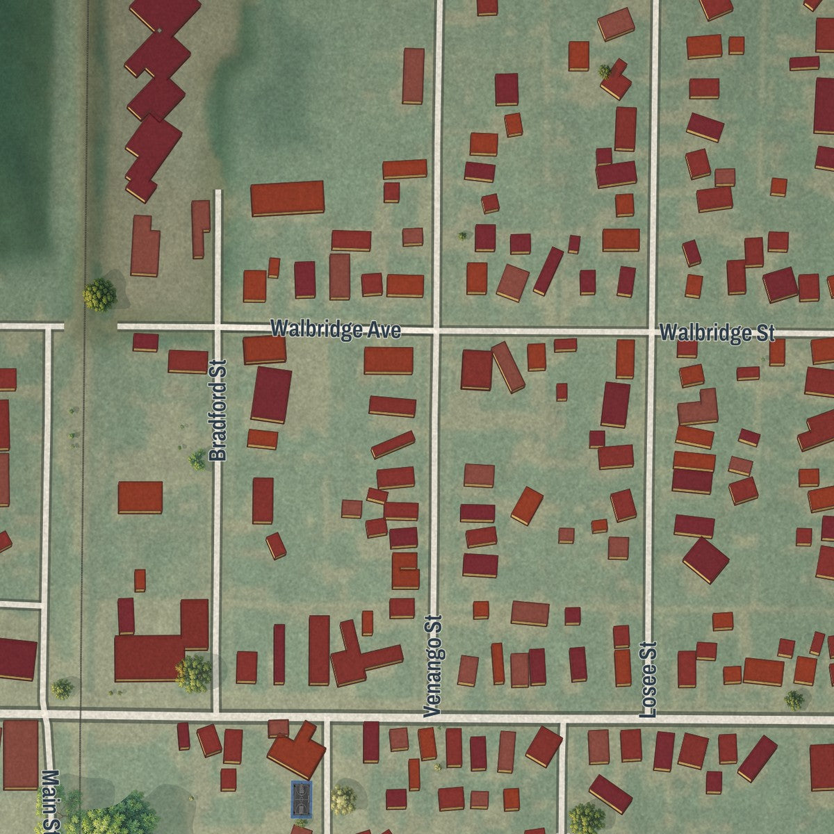 Close-up of the map of Cygnet, Ohio print showing street and building detail