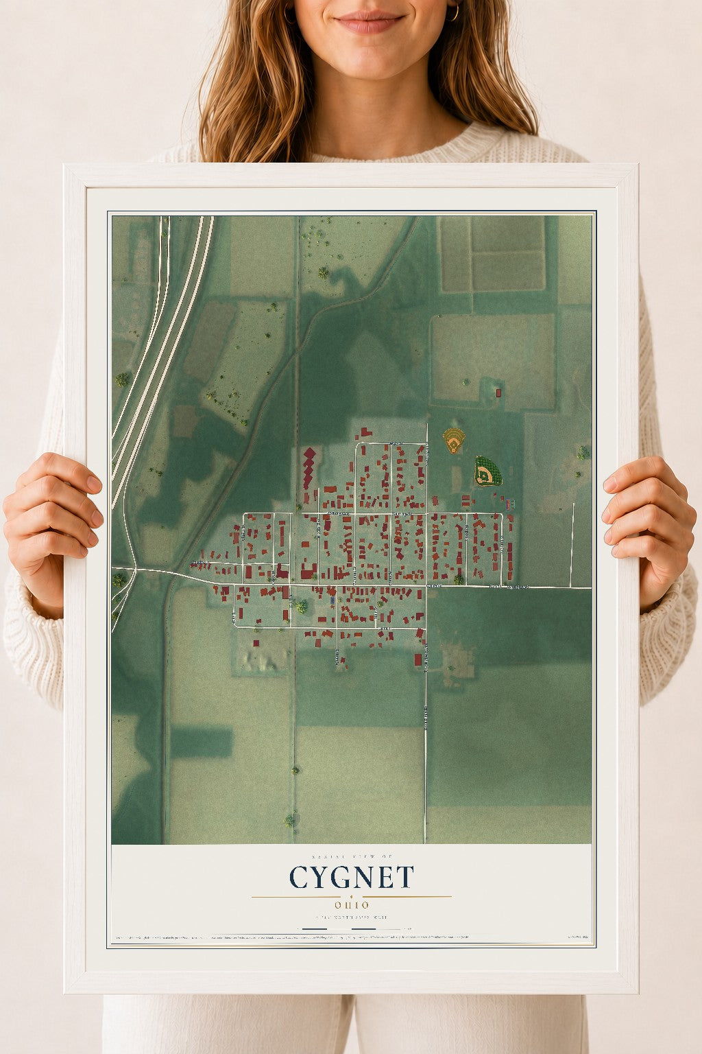 Map of Cygnet, Ohio, 18 x 24 inch print in a white wood frame