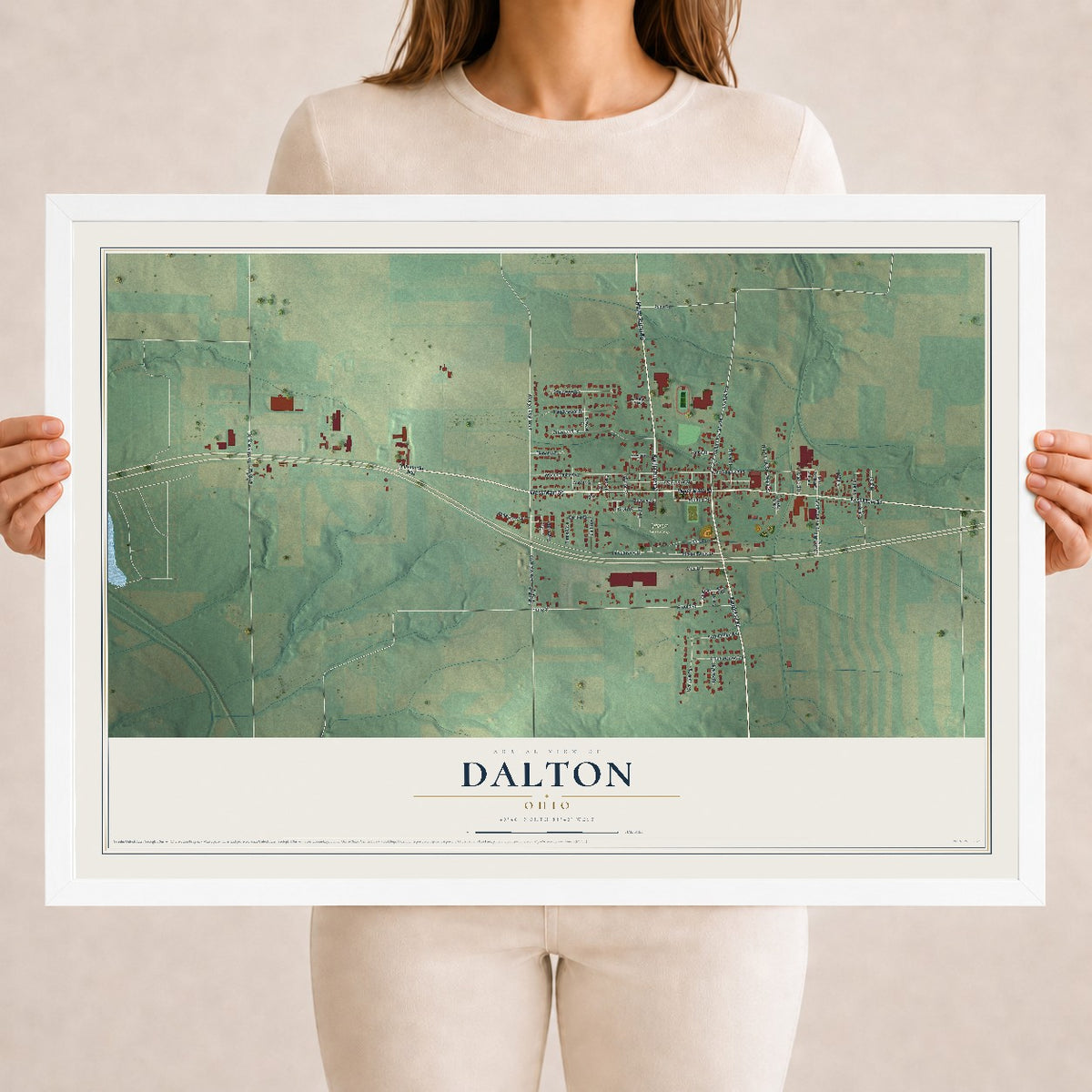 Map of Dalton, Ohio, 18 x 24 inch print in a white wood frame