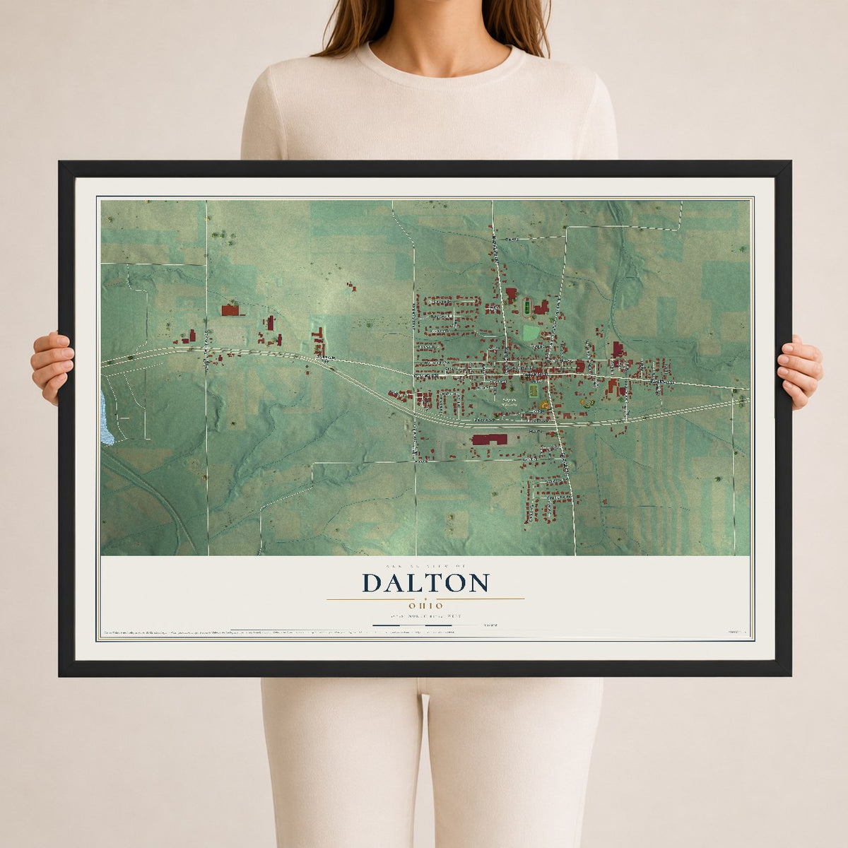 Map of Dalton, Ohio, 24 x 36 inch print in a black wood frame