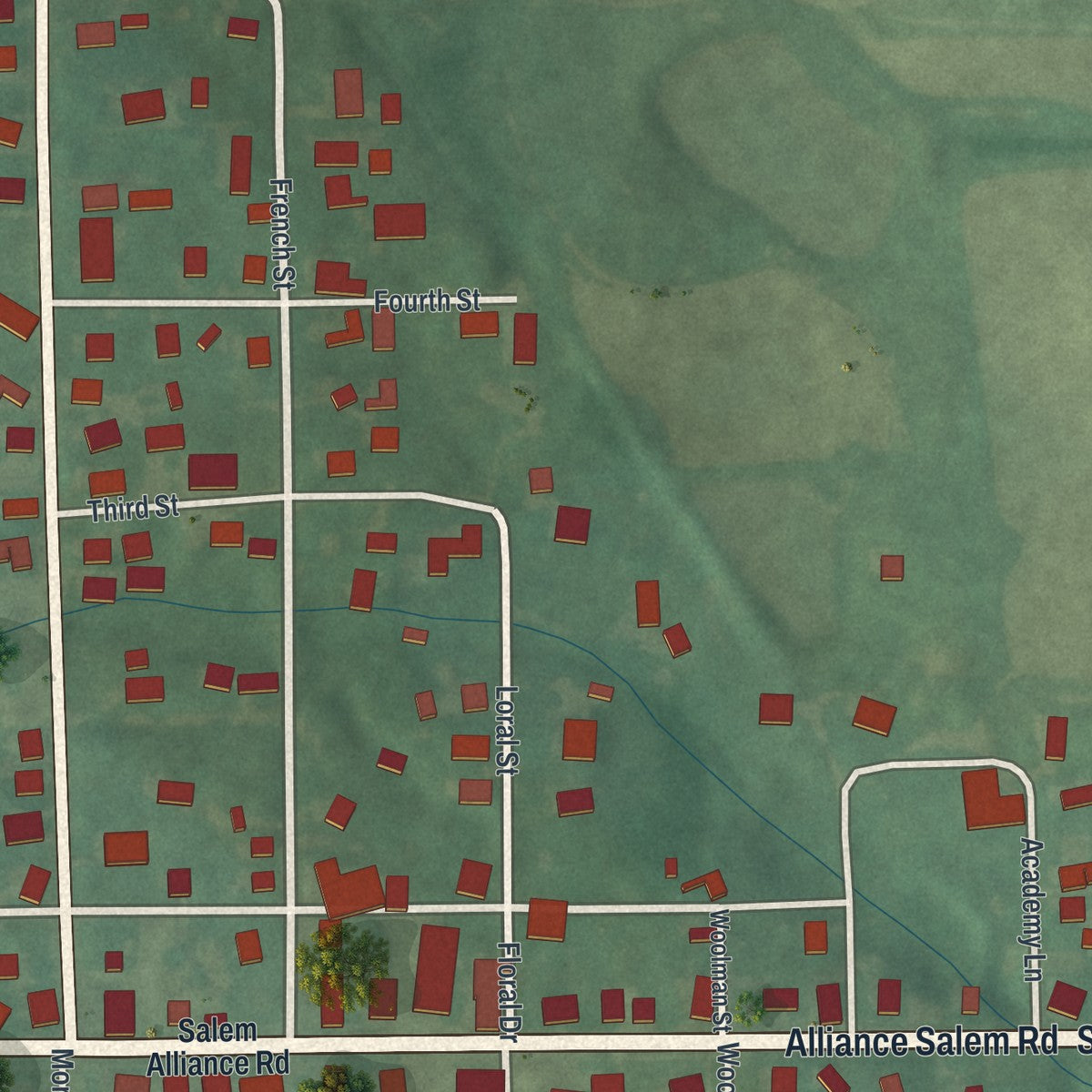 Close-up of the map of Damascus, Ohio print showing street and building detail