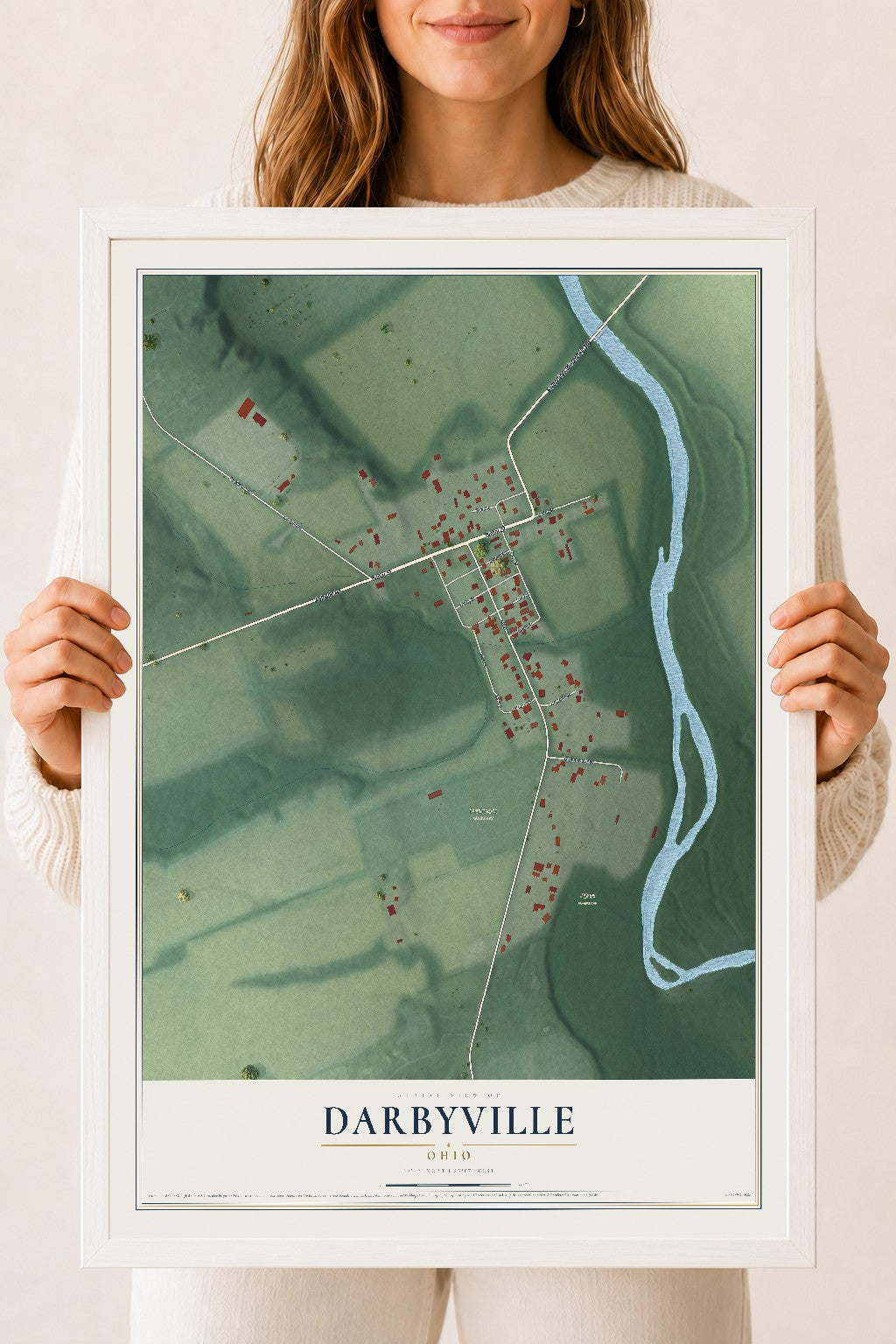Map of Darbyville, Ohio, 18 x 24 inch print in a white wood frame