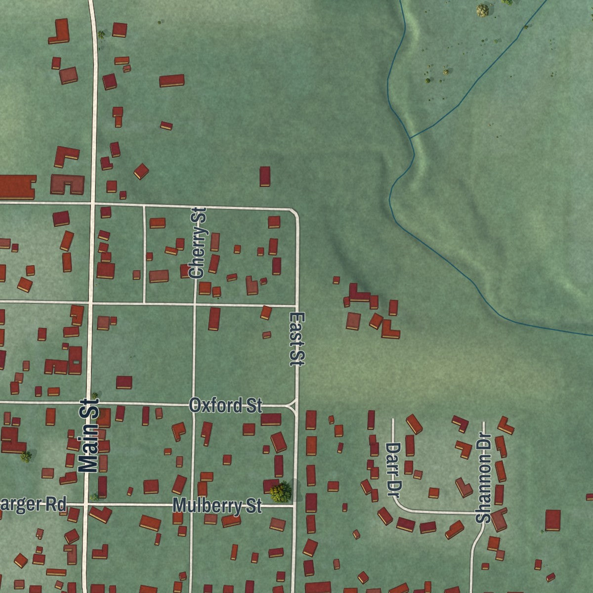 Close-up of the map of Darrtown, Ohio print showing street and building detail