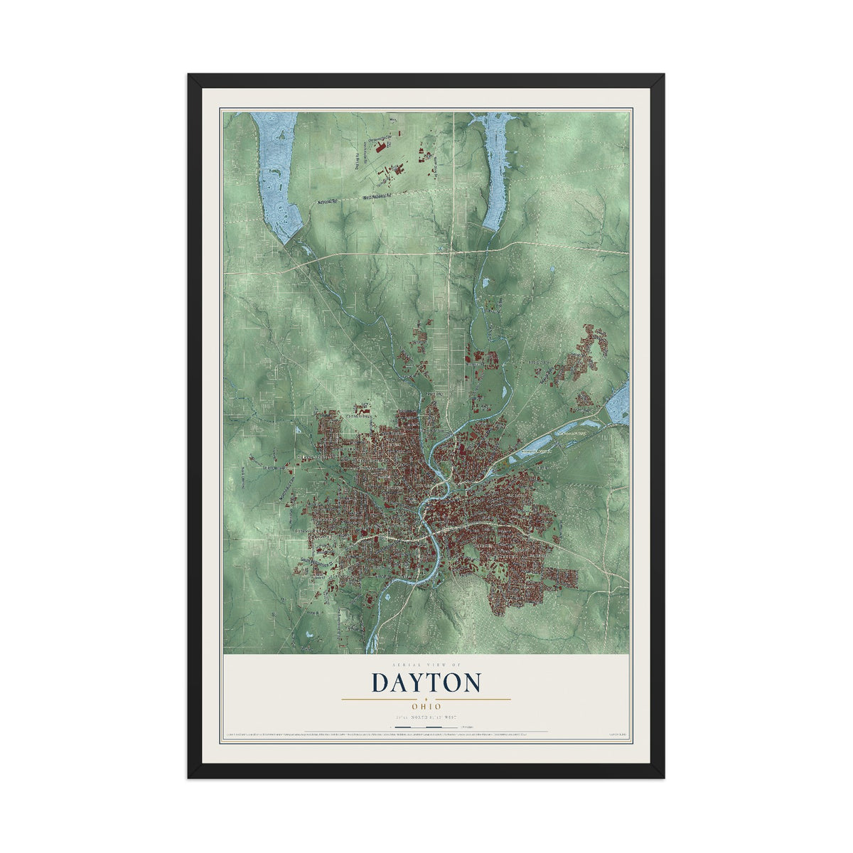 Map of Dayton, Ohio, 12 x 18 inch print in a black wood frame