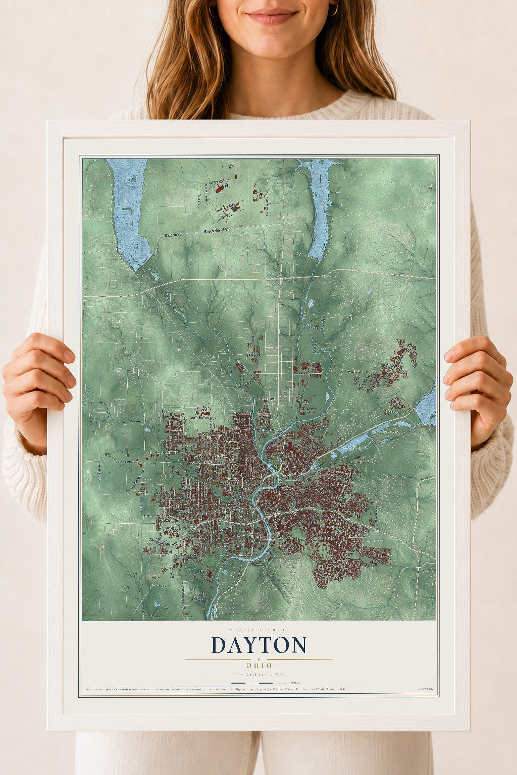 Map of Dayton, Ohio, 18 x 24 inch print in a white wood frame