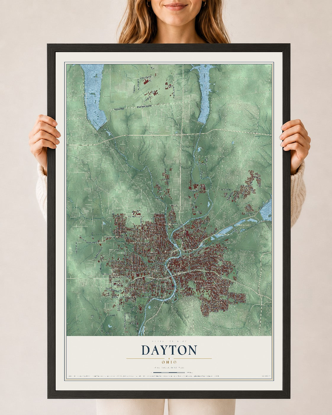 Map of Dayton, Ohio, 24 x 36 inch print in a black wood frame