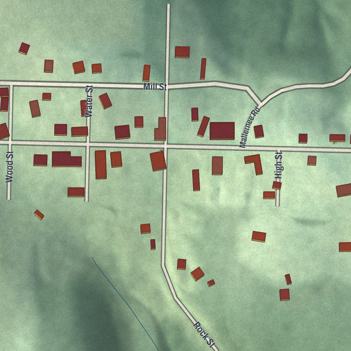 Close-up of the map of Deersville, Ohio print showing street and building detail