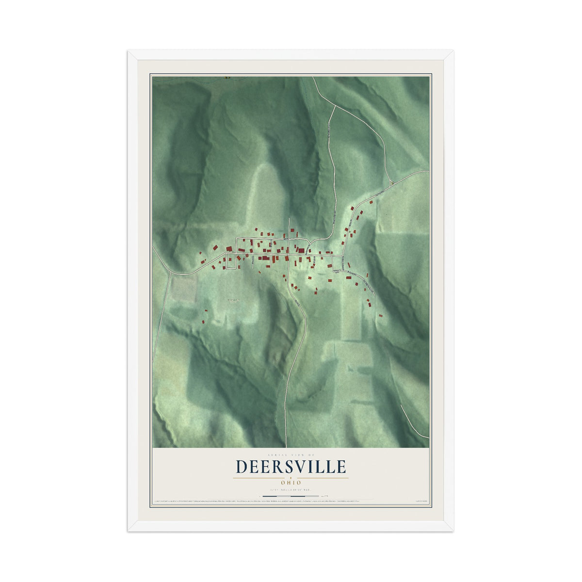 Map of Deersville, Ohio, 12 x 18 inch print in a white wood frame
