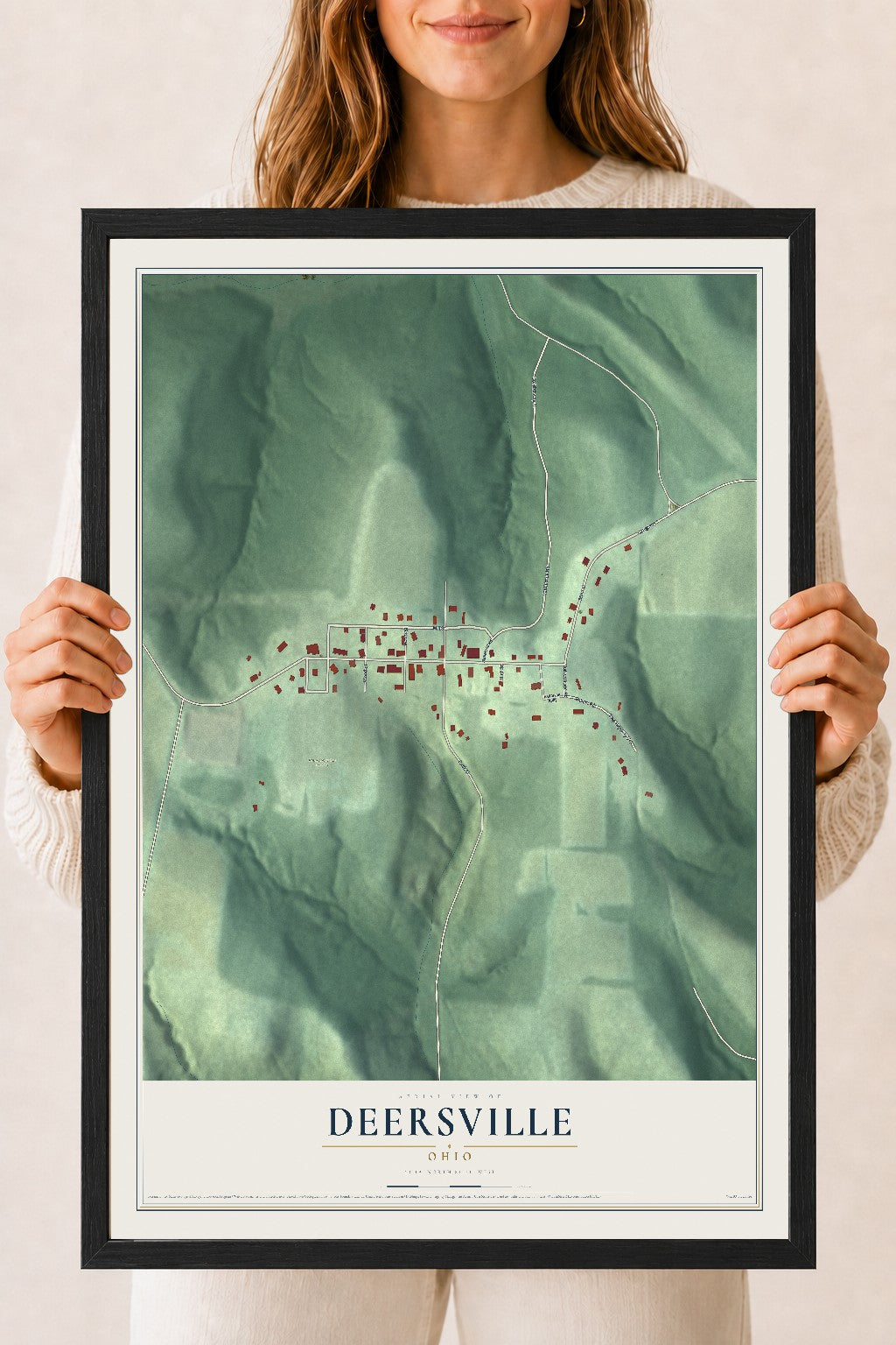 Map of Deersville, Ohio, 18 x 24 inch print in a black wood frame