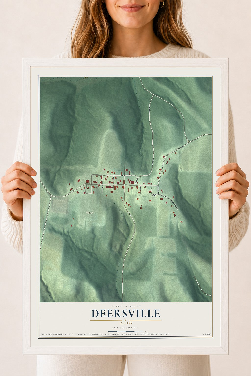 Map of Deersville, Ohio, 18 x 24 inch print in a white wood frame