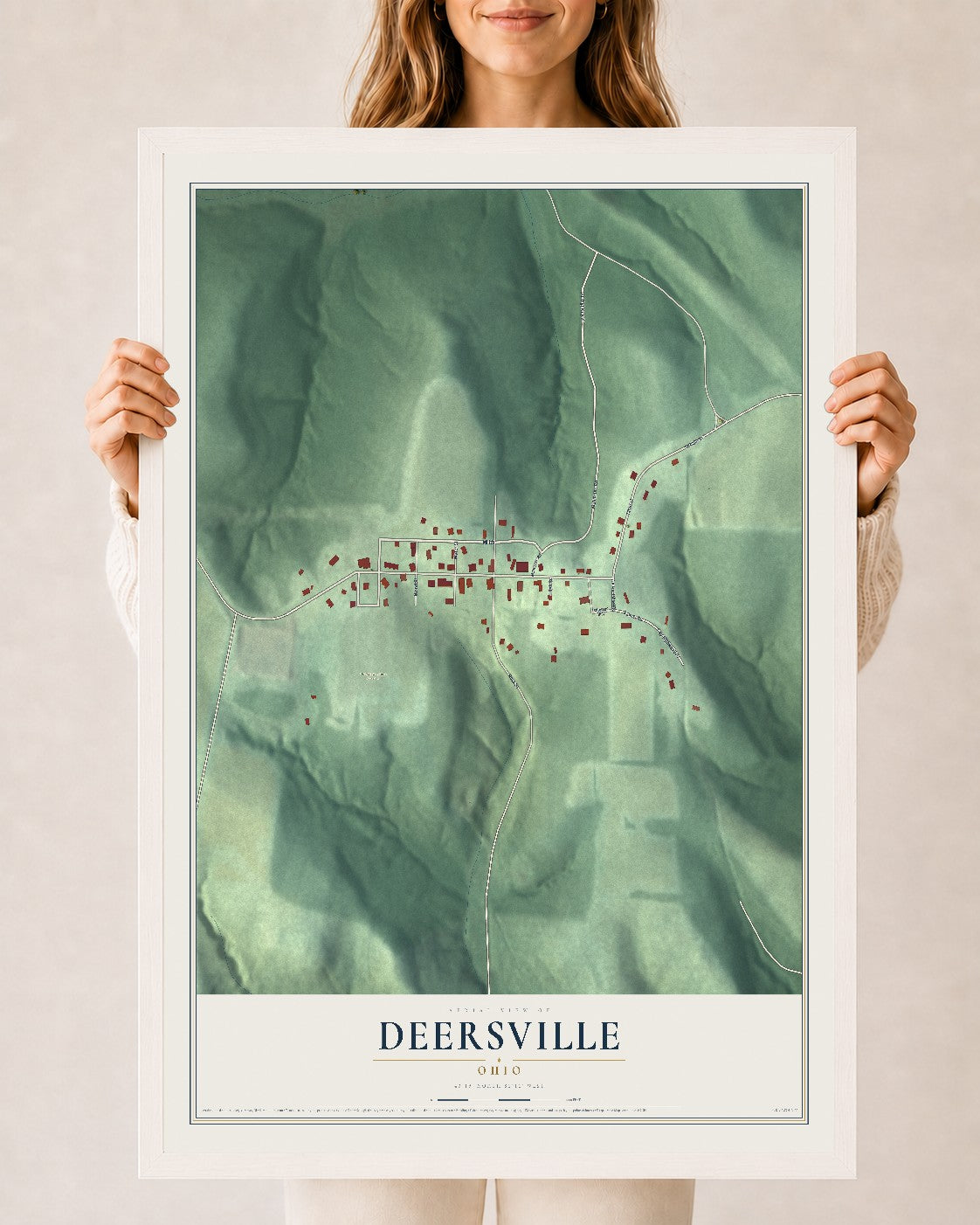 Map of Deersville, Ohio, 24 x 36 inch print in a white wood frame