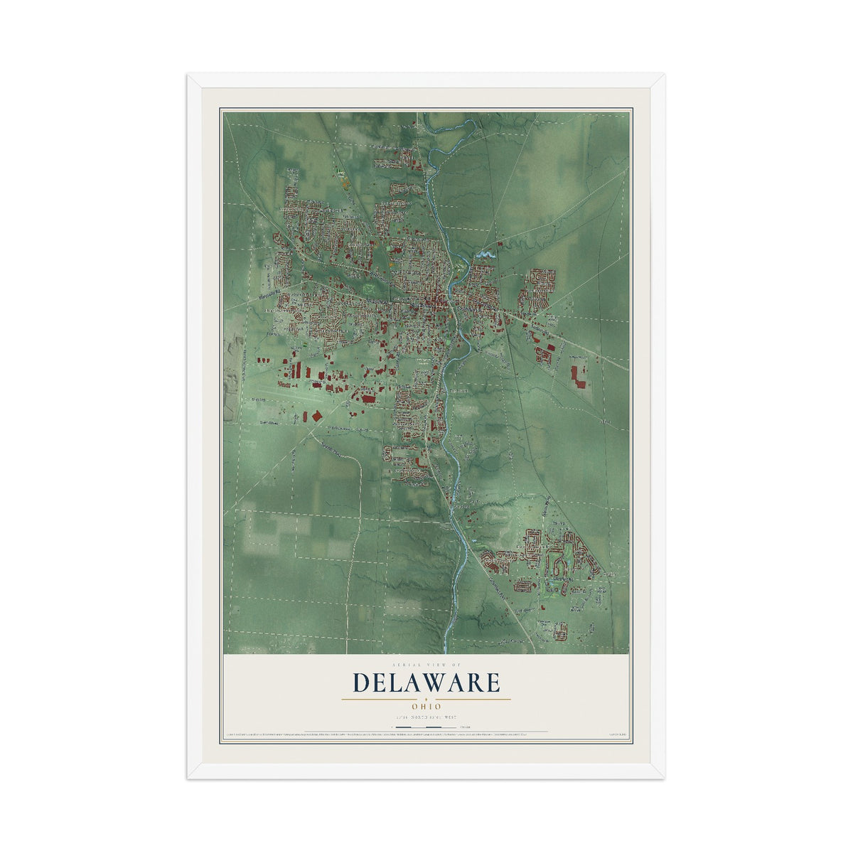Map of Delaware, Ohio, 12 x 18 inch print in a white wood frame
