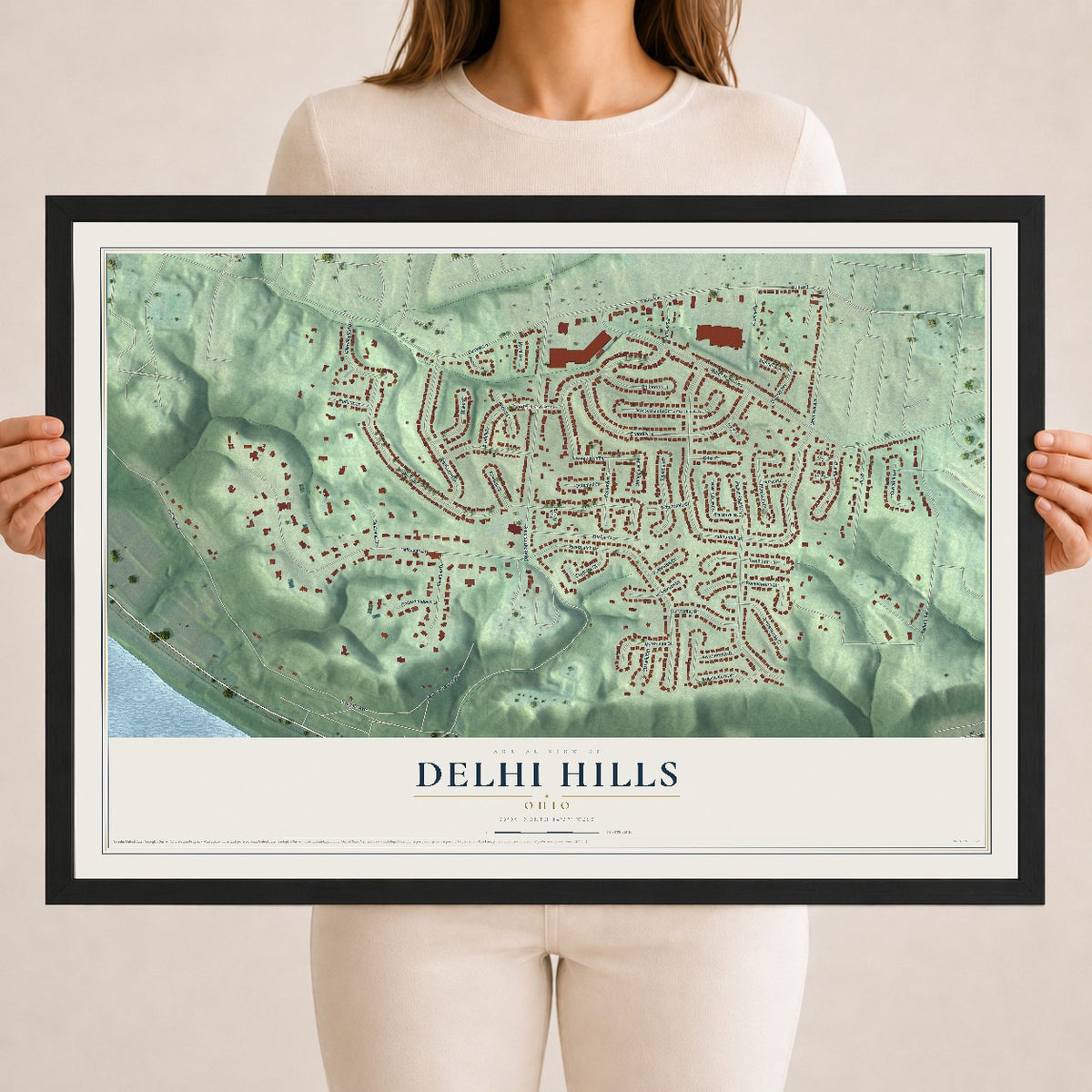Map of Delhi Hills, Ohio, 18 x 24 inch print in a black wood frame