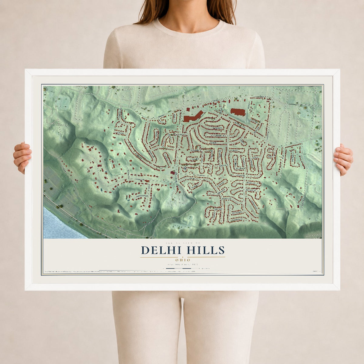 Map of Delhi Hills, Ohio, 24 x 36 inch print in a white wood frame