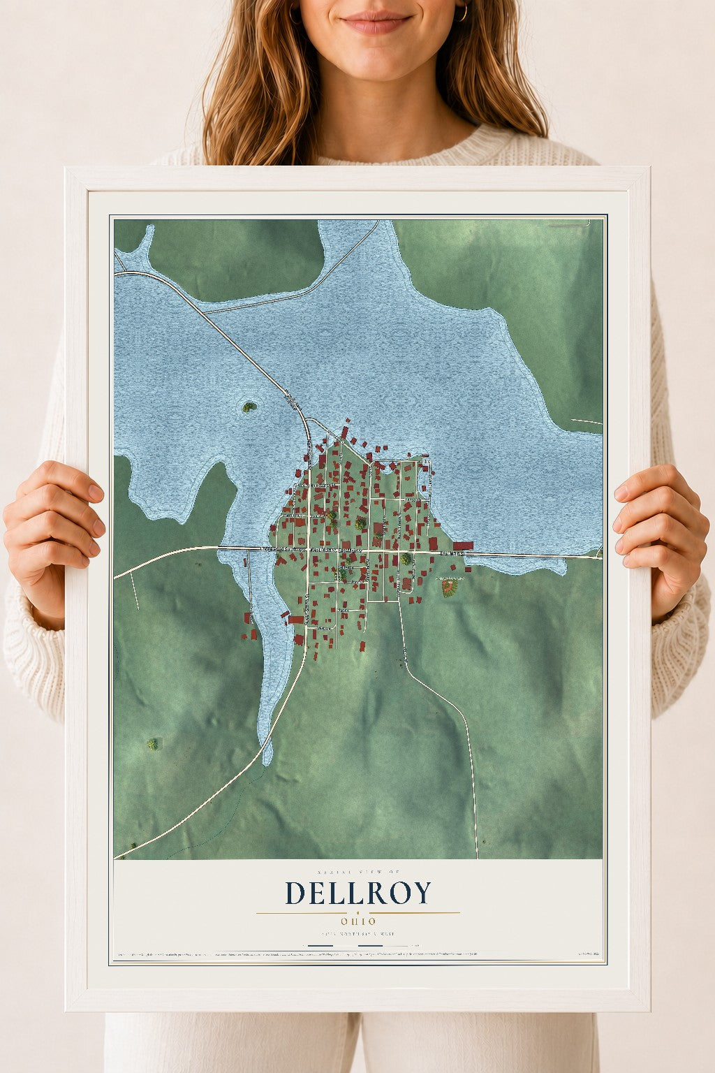 Map of Dellroy, Ohio, 18 x 24 inch print in a white wood frame