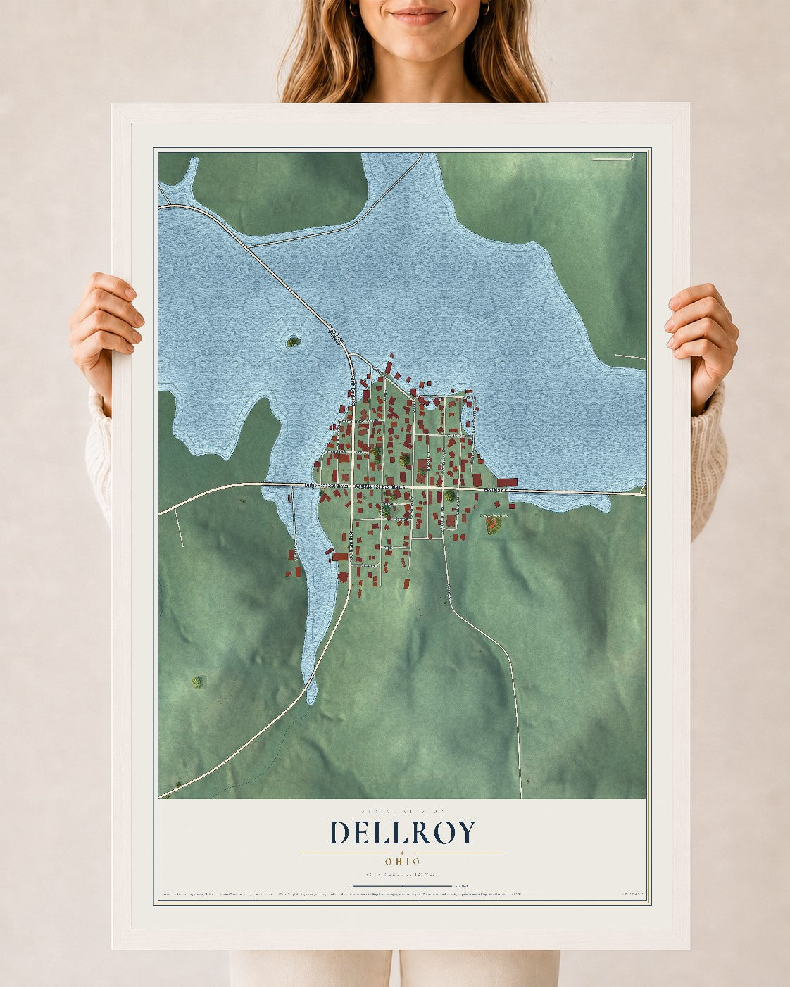 Map of Dellroy, Ohio, 24 x 36 inch print in a white wood frame