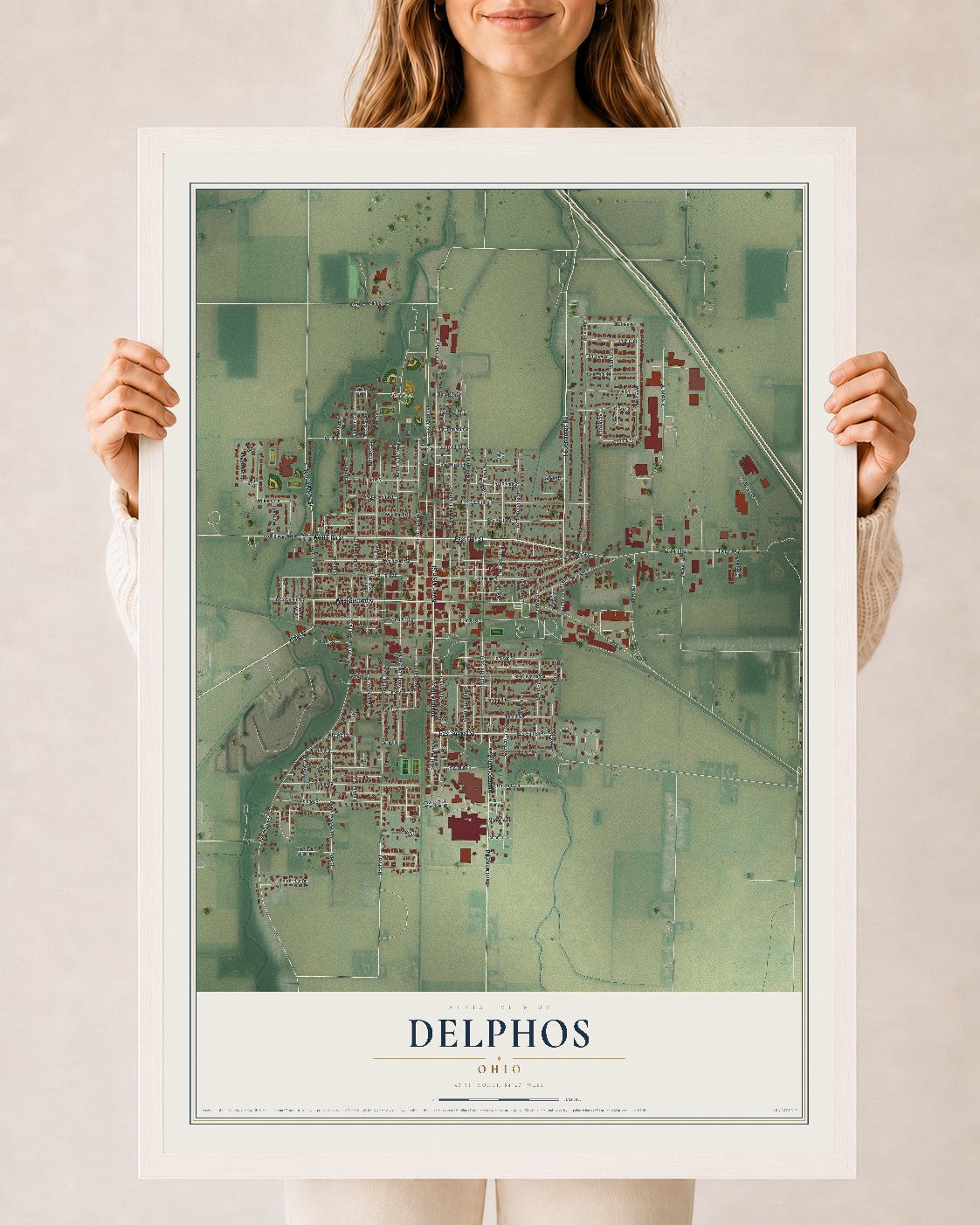 Map of Delphos, Ohio, 24 x 36 inch print in a white wood frame