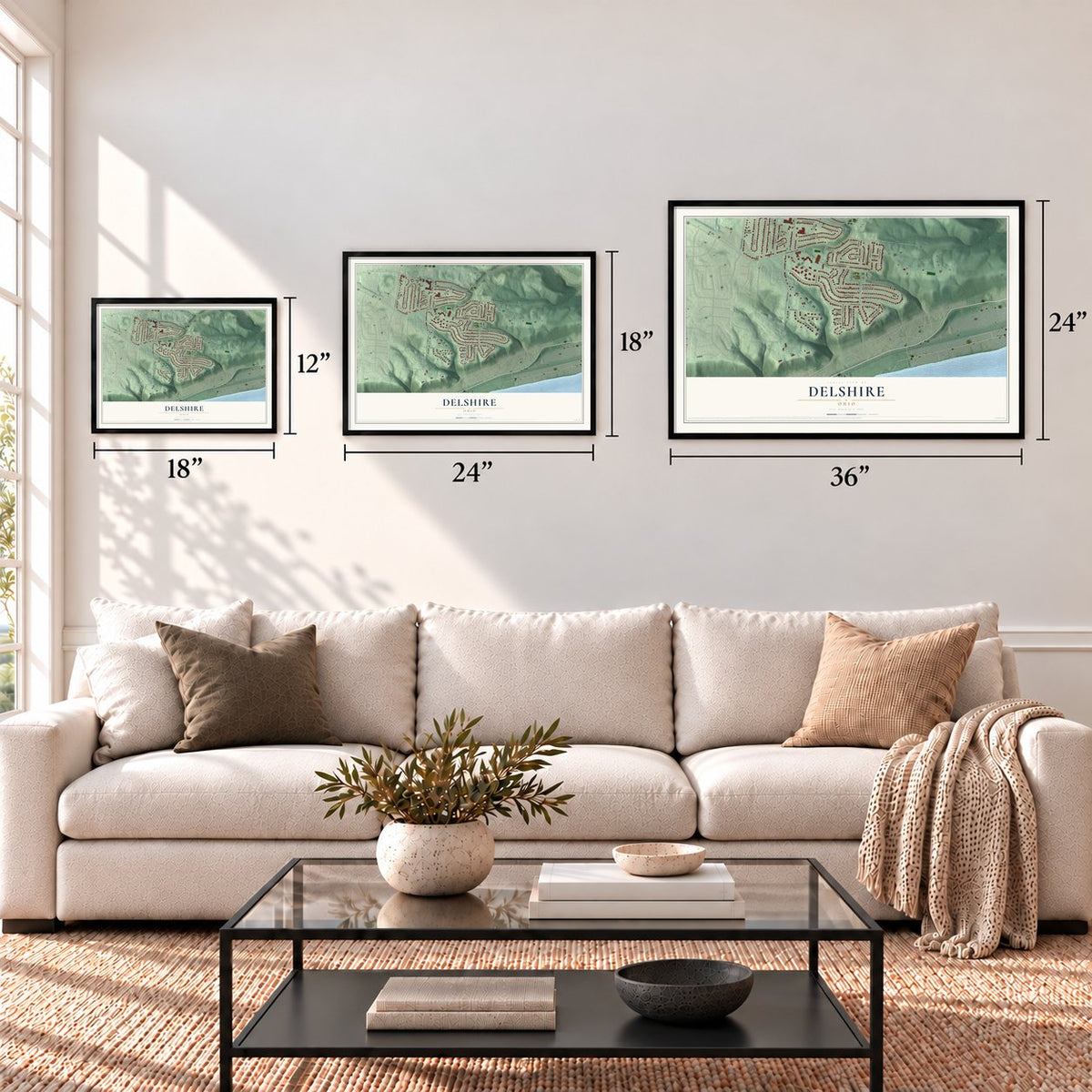 Delshire, Ohio map in 12 x 18, 18 x 24 and 24 x 36 inch sizes above a sofa