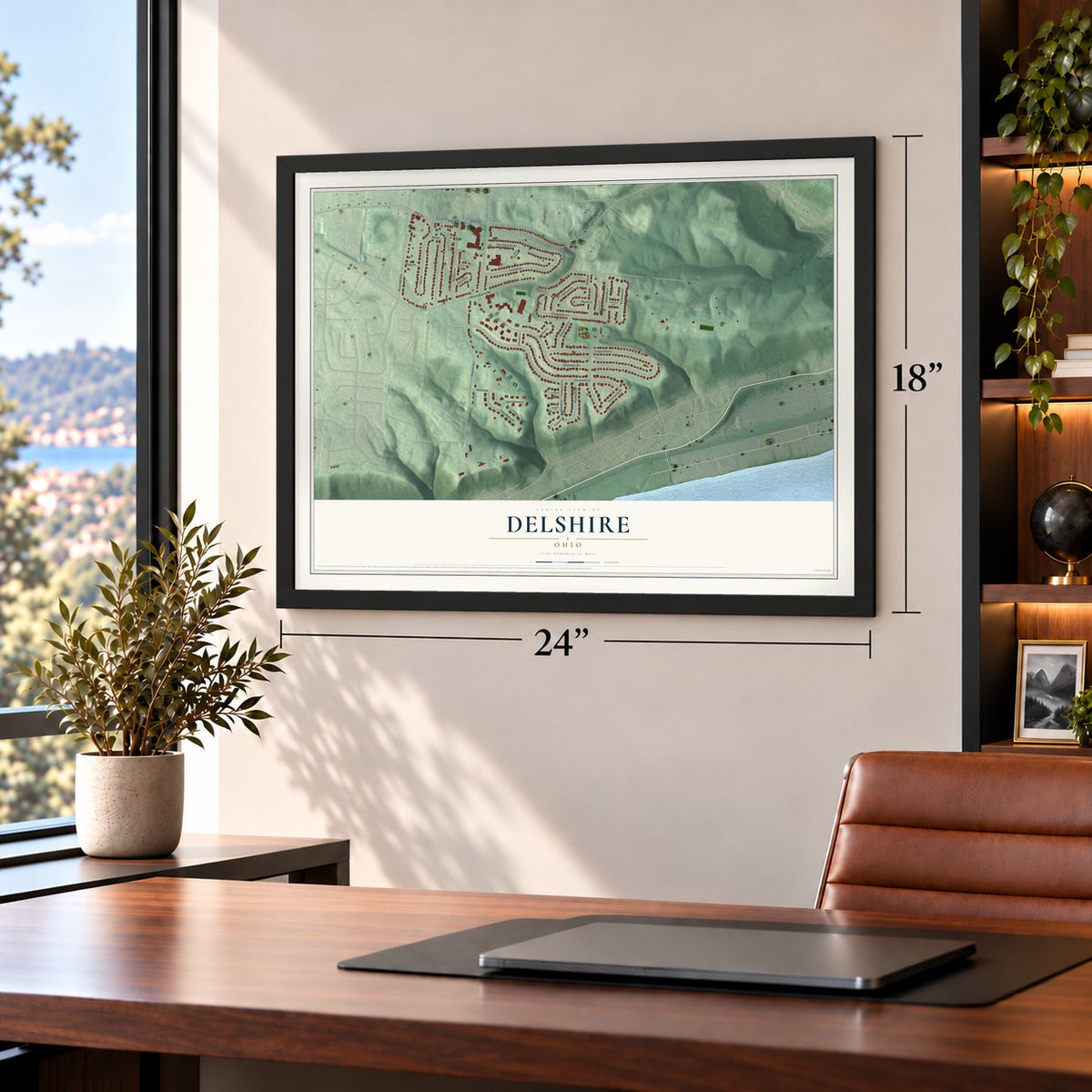 Delshire, Ohio map, 18 x 24 inch print in a black frame in a home office