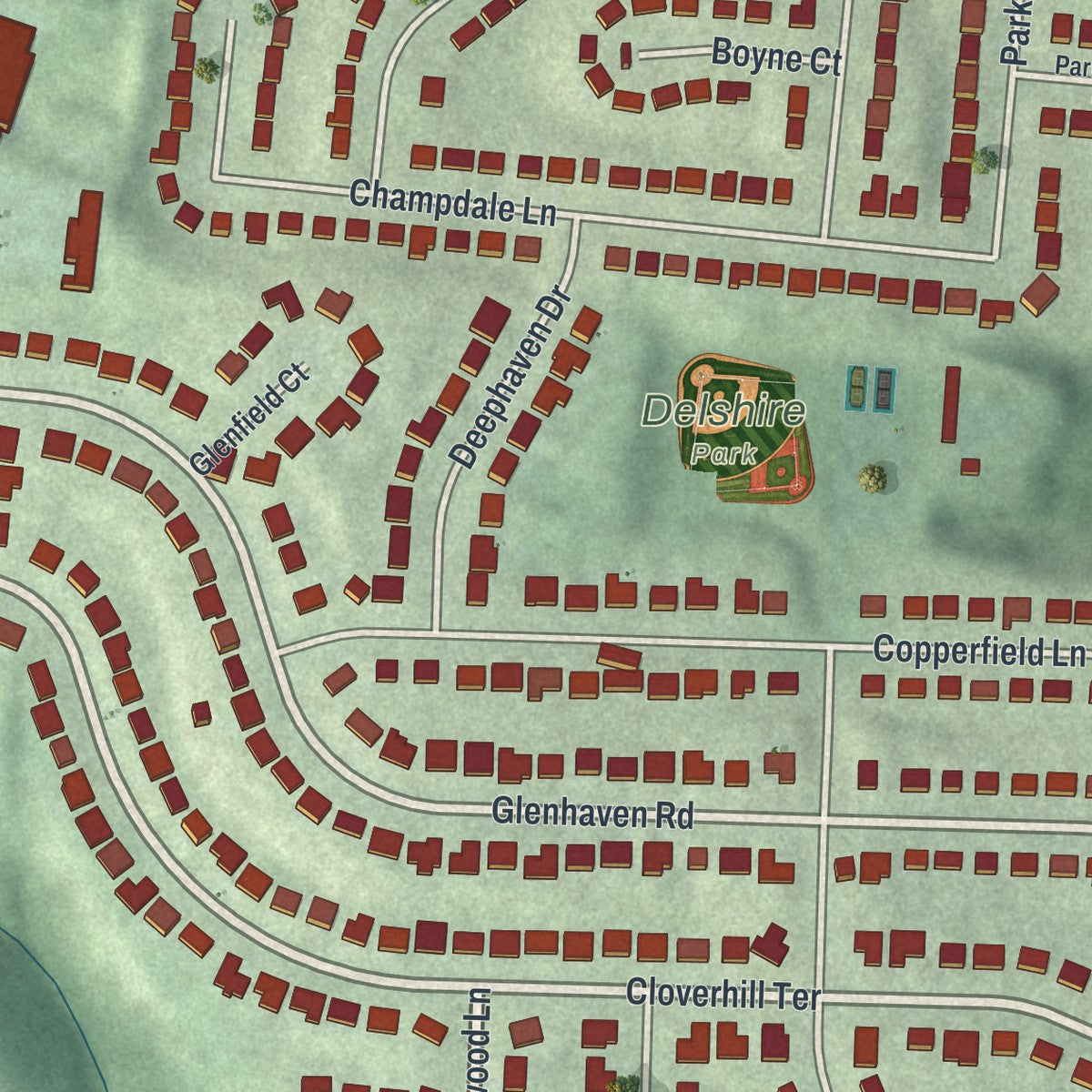 Close-up of the map of Delshire, Ohio print showing street and building detail