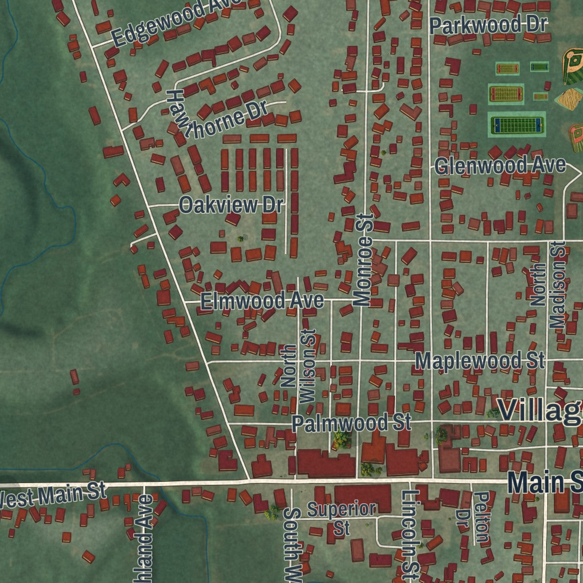 Close-up of the map of Delta, Ohio print showing street and building detail