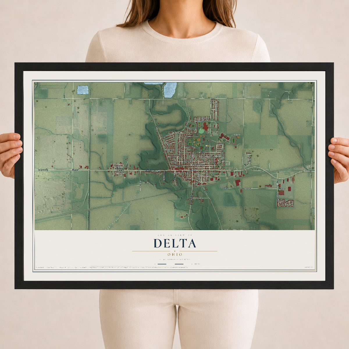 Map of Delta, Ohio, 18 x 24 inch print in a black wood frame