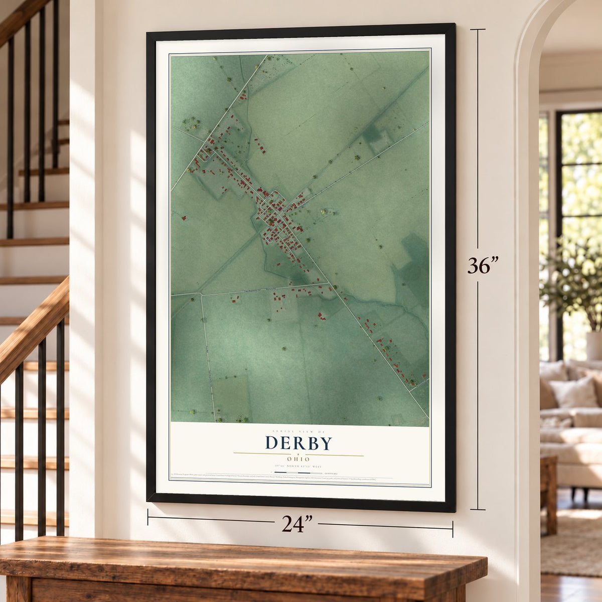Derby, Ohio map, 24 x 36 inch print in a black frame by a staircase