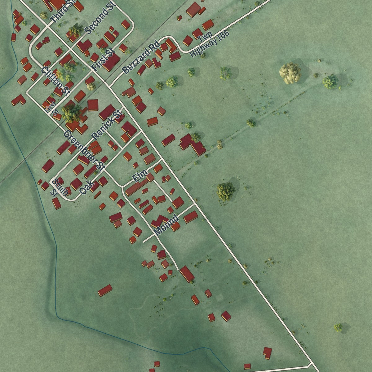 Close-up of the map of Derby, Ohio print showing street and building detail