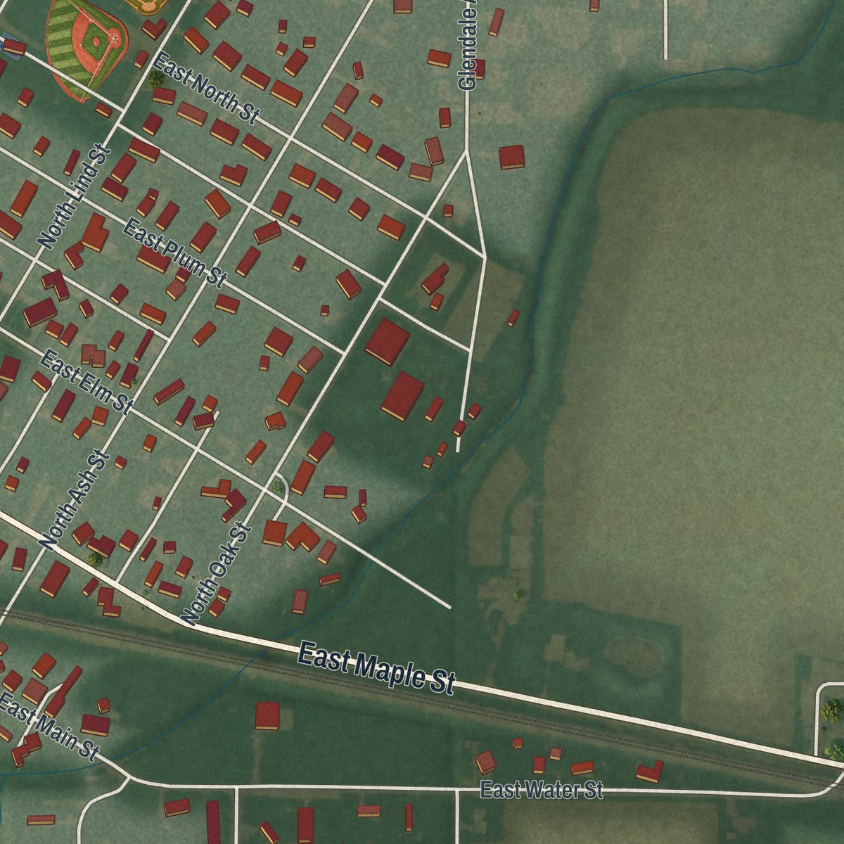 Second close-up of the map of Deshler, Ohio print showing more streets and buildings