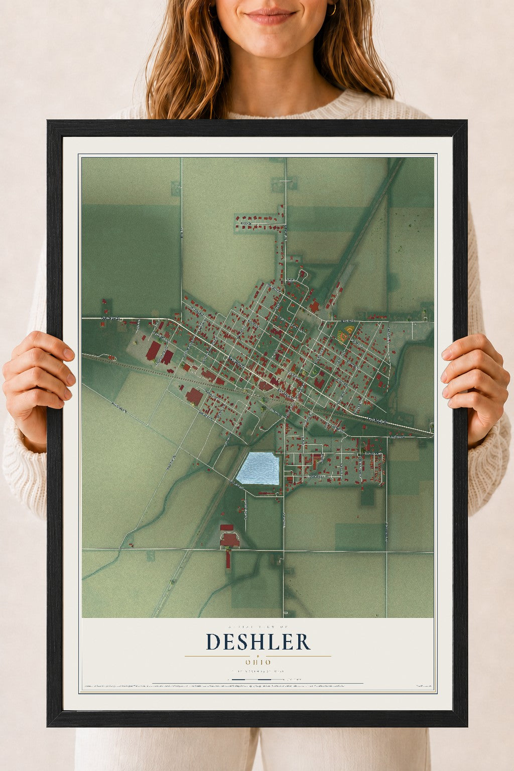 Map of Deshler, Ohio, 18 x 24 inch print in a black wood frame