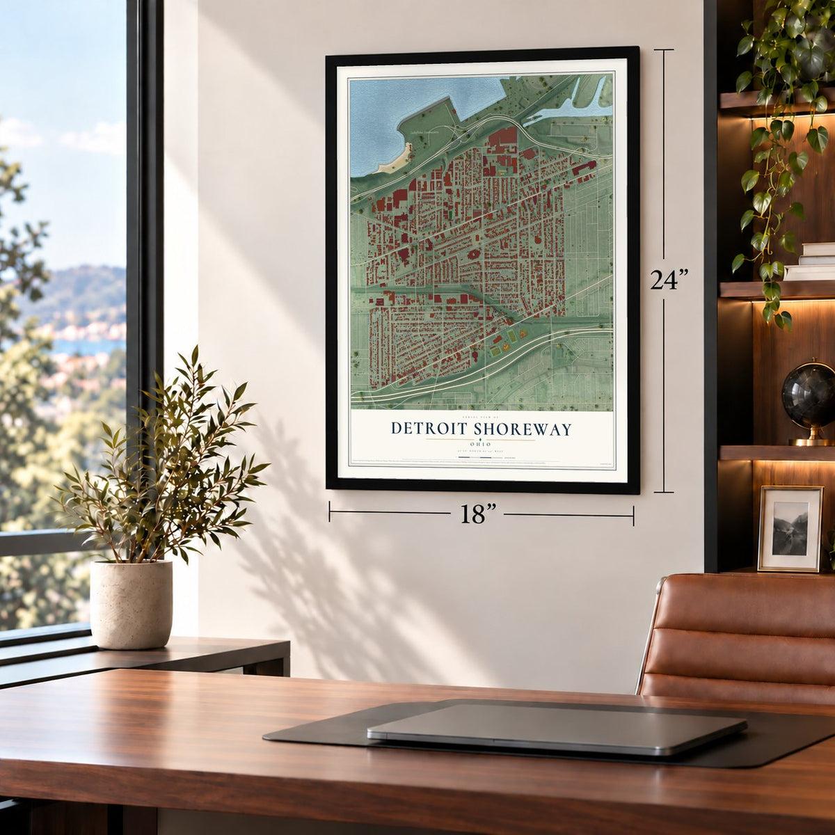 Detroit Shoreway, Ohio map, 18 x 24 inch print in a black frame in a home office