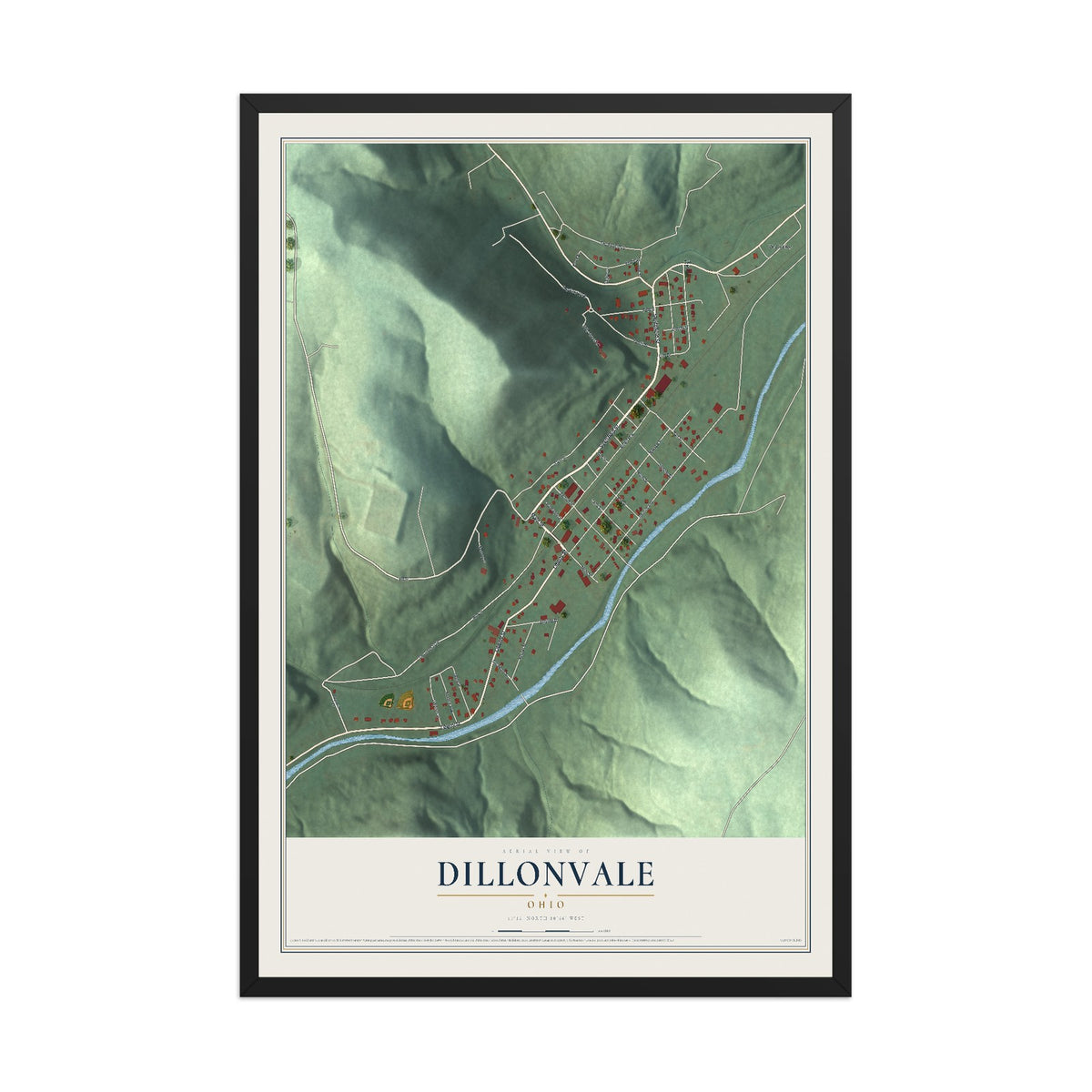 Map of Dillonvale, Ohio, 12 x 18 inch print in a black wood frame