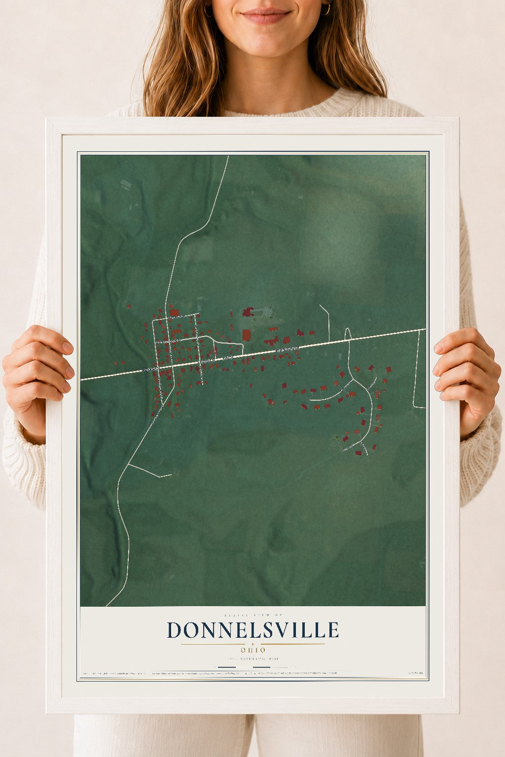 Map of Donnelsville, Ohio, 18 x 24 inch print in a white wood frame