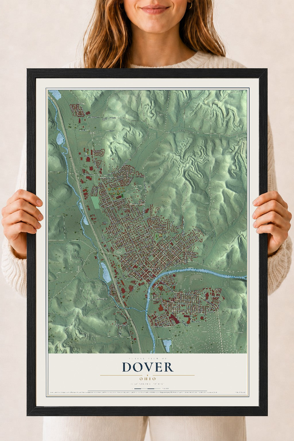 Map of Dover, Ohio, 18 x 24 inch print in a black wood frame