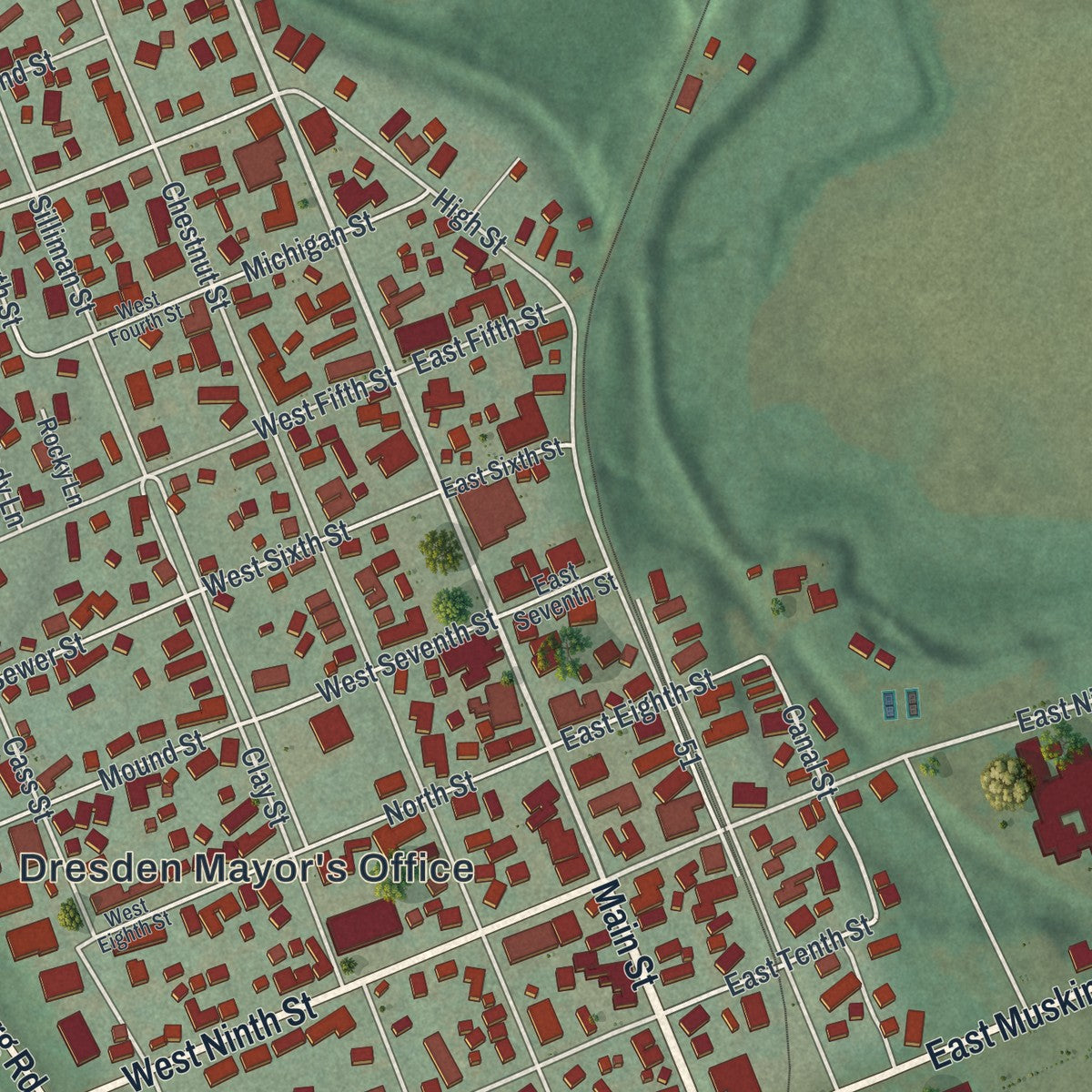 Close-up of the map of Dresden, Ohio print showing street and building detail